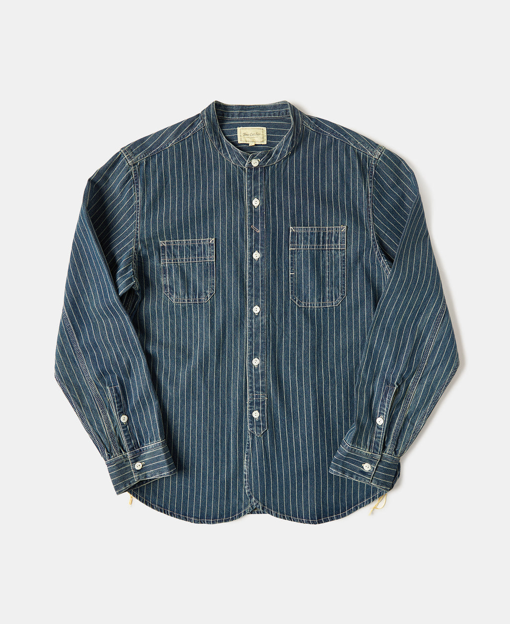 9 oz Wabash Striped Indigo Twill Band Collar Work Shirt | Olderbest