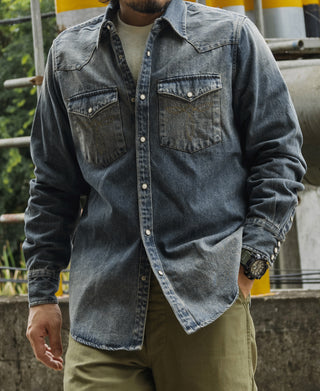 1950s slub denim western shirt with button-up front and flap chest pockets