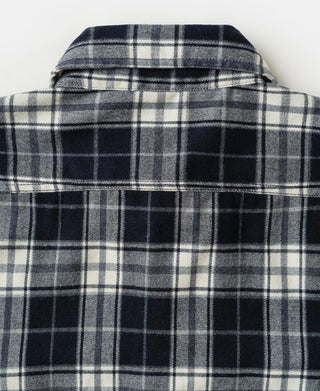 Blue check work shirt back yoke with centered grid pattern and seam line