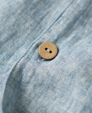 button detail of Yarn-dyed Linen Camp-Collar Shirt - Washed Blue