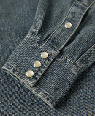 Denim western shirt cuff with button tab and four metal snap buttons