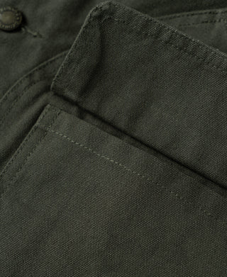 Olive cotton canvas field hunting jacket, collar and topstitch detail