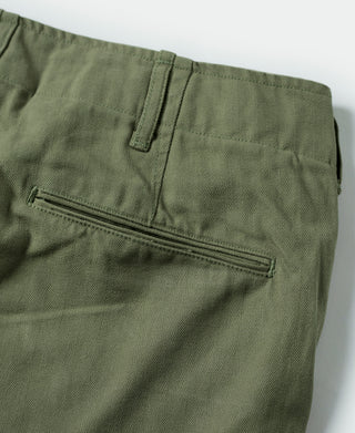 Olive trousers waistband with belt loops, front button, and slanted side pocket