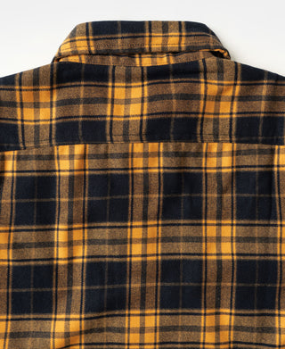Yellow and navy plaid work shirt back yoke with top seam detail
