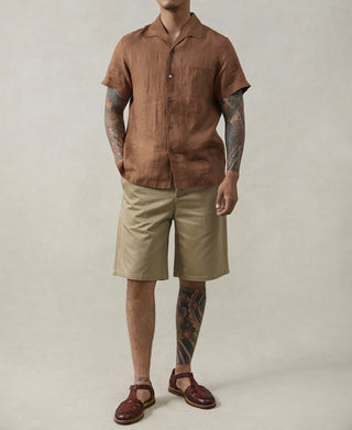 1950s Italian Collar Linen Shirt - Brown - Size M