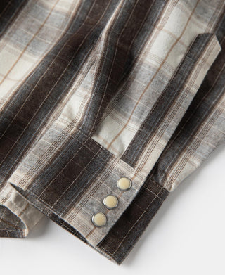 Dark beige and brown plaid Western shirt cuff with three snap buttons