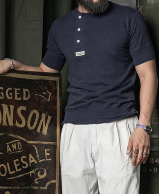 Side Closing Short Sleeve Henley T-Shirt - Navy