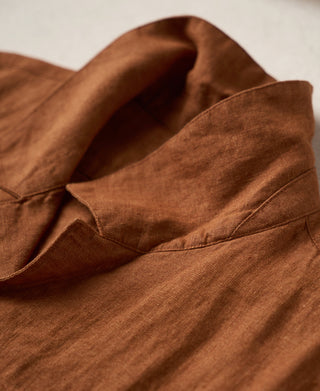 neckline detail of Yarn-dyed Linen Camp-Collar Shirt - Red