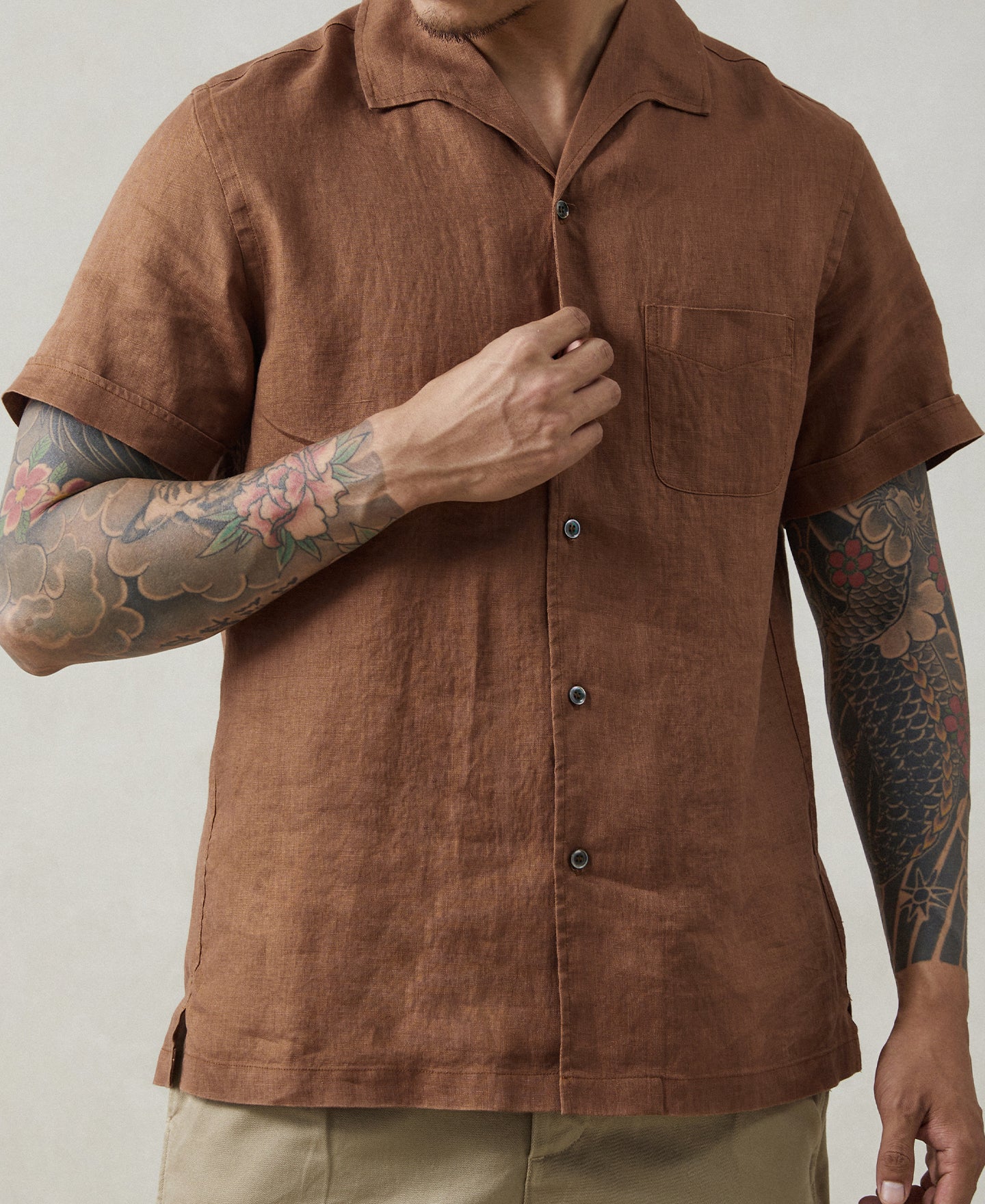 1950s Italian Collar Linen Shirt Brown - Main Image