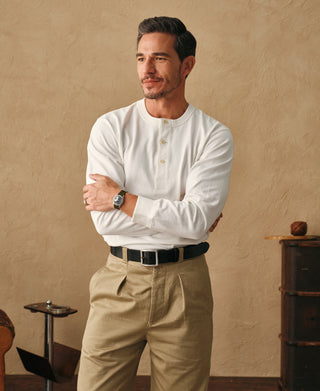 1930s 10.5 oz Cotton Loopwheel Tubular Henley Shirt - White
