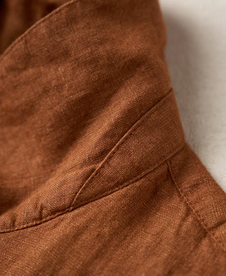 neckline detail of Yarn-dyed Linen Camp-Collar Shirt - Red