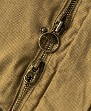 Khaki canvas field jacket zipper with metal ring pull