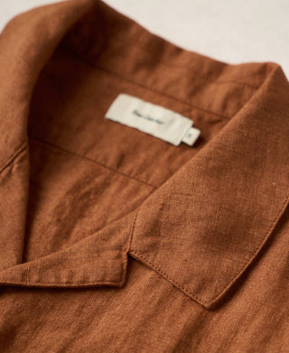 neckline detail of Yarn-dyed Linen Camp-Collar Shirt - Red