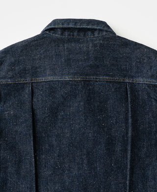 Indigo denim Type 1 jacket back with stand collar and yoke seams