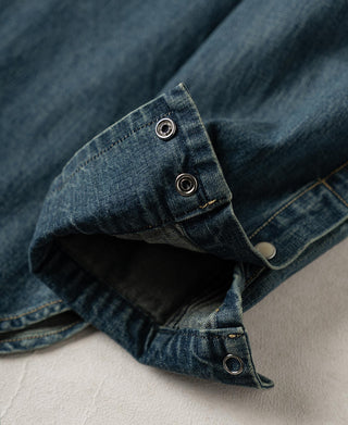 Denim shirt sleeve placket with snap buttons and stitched cuff