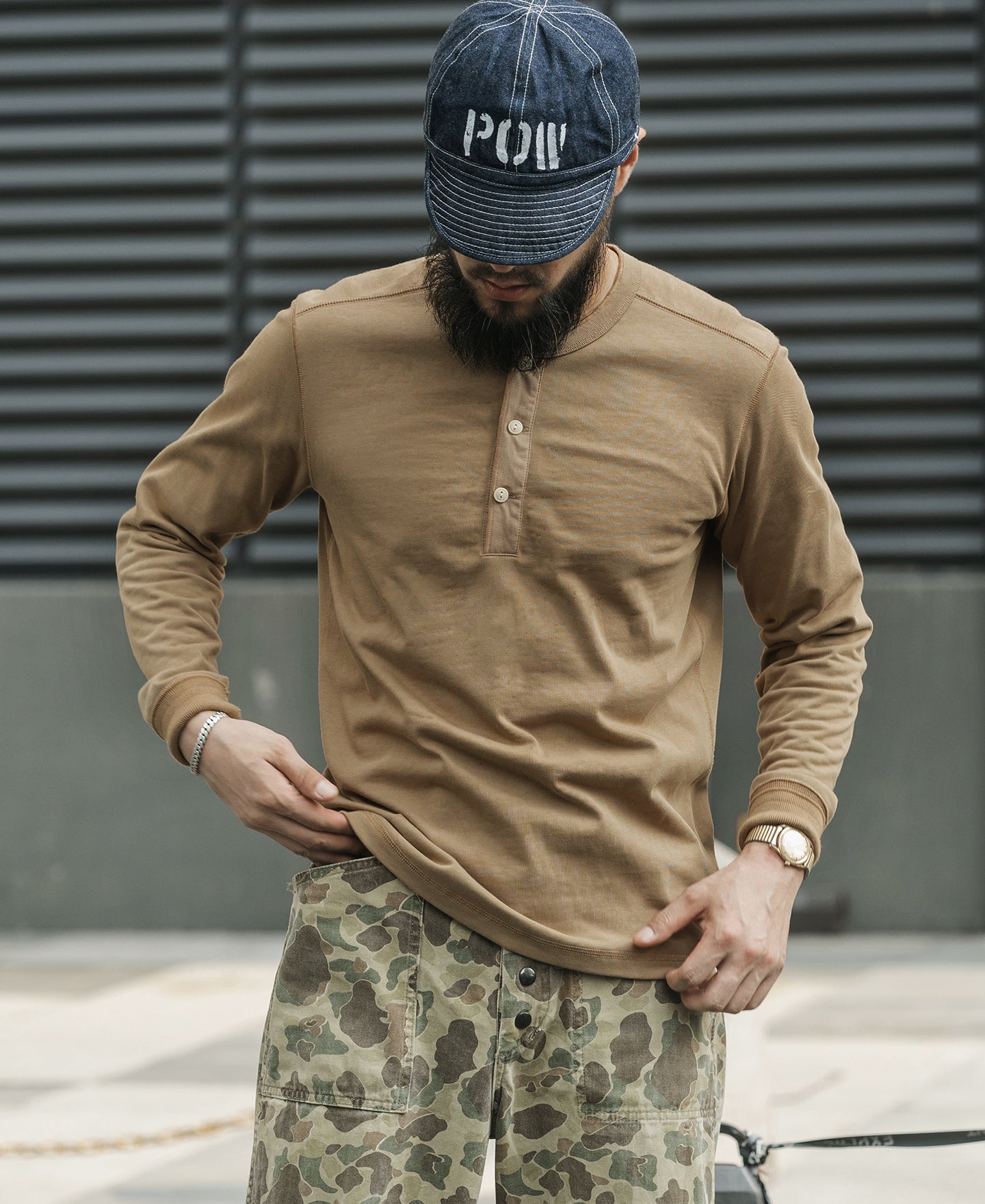 Vintage Heavyweight Cotton Henley Neck Shirt Khaki Olderbest