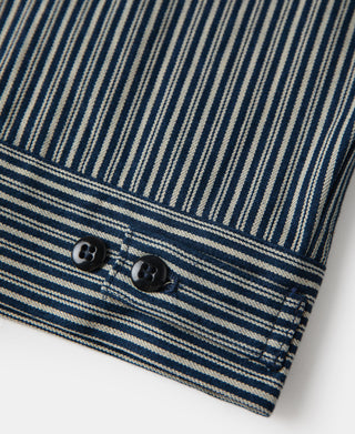 Striped cossack jacket hem with two black buttons and stitched edge