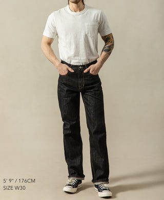 Black straight-fit denim jeans with front button and belt loops