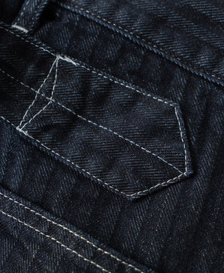 Indigo denim fatigue pants side cargo pocket with bar-tack stitching and contrast seams