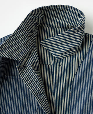 High collar lining detail on blue-and-white striped cossack jacket