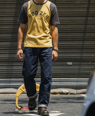 프린트 쿼터 지퍼 라글란 슬리브 라이더 티셔츠 - 옐로우