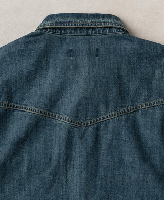 Washed denim western shirt, back yoke panel with angled seam lines