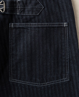 Indigo denim fatigue pants front pocket with square stitching and deep pocket opening