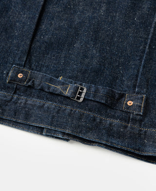 Indigo denim Type 1 jacket hem strap with metal buckle and dark buttons