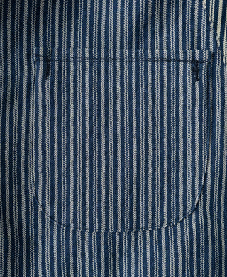 Striped cossack jacket front with button placket and yoke seam