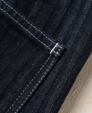 Indigo denim fatigue pants belt loop with metal buckle bar-tack stitching detail