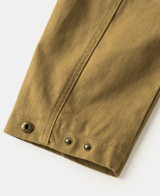 Khaki canvas field jacket sleeve cuff with three buttons