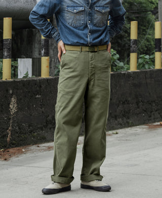 Olive fatigue trousers with belt loops, front button closure, and straight legs