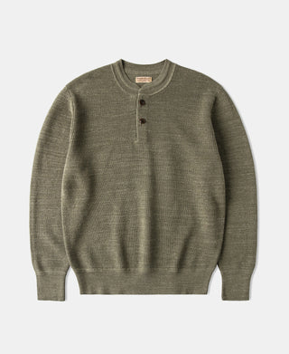 Textured Melange Knit Henley Shirt - Olive