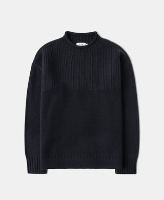 Mock Neck Pure Wool Guernsey Sweater - Navy