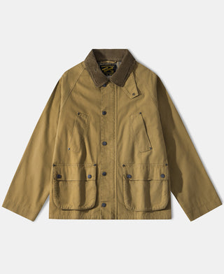 Khaki canvas field jacket with stand collar, button front, and flap chest pockets