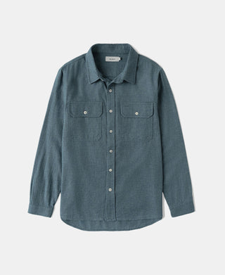 Blue brushed cotton flannel work shirt, button-up with pointed collar and two chest pockets.