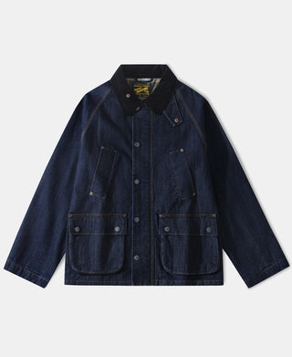Indigo denim field jacket with button front and chest patch pockets