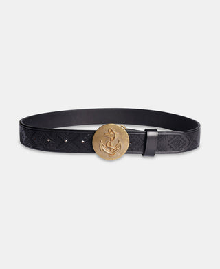 Navajo Tooled Plate Buckle Leather Belt - Black