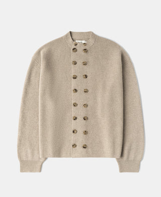Ecru knit cardigan with double-breasted button front and ribbed stand collar