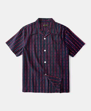 Camp-Collar Jacquard Stripe Short Sleeve Shirt - Red/Navy