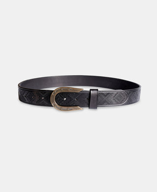 Navajo Tooled Stirrup Buckle Leather Belt - Black
