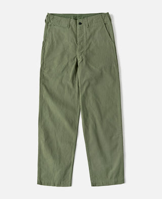 Olive fatigue trousers with button fly, belt loops, and straight-leg fit