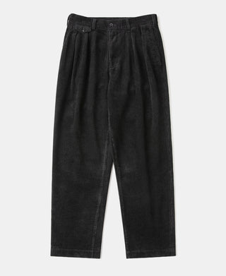 Black corduroy pleated trousers with belt loops and button-front waistband