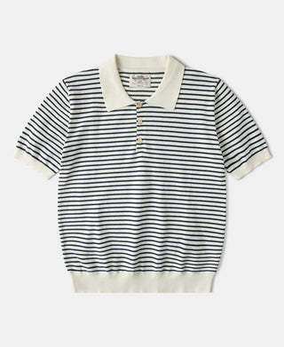 Nautical Fine Stripe Cotton Knit Polo in White Black Stripe