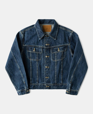 Indigo denim jacket with pointed collar, button front, western yokes, flap chest pockets