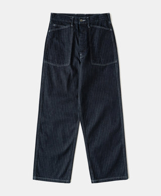 Indigo denim fatigue pants, pleated front, button closure, flap side pockets