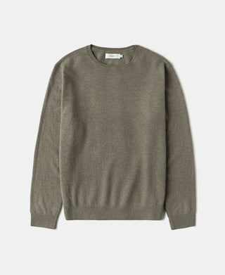 Merino wool crewneck sweater in grayish green, long sleeves, ribbed cuffs