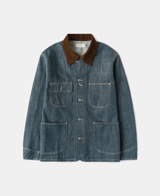 Sage blue denim barn jacket with brown corduroy collar and four front pockets