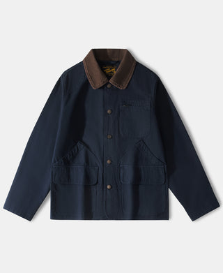 Navy cotton canvas hunting jacket with brown corduroy-style collar, button placket