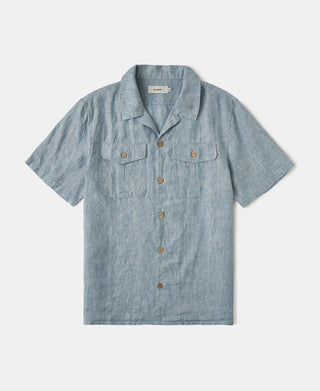Yarn-dyed Linen Camp-Collar Shirt in Washed Blue